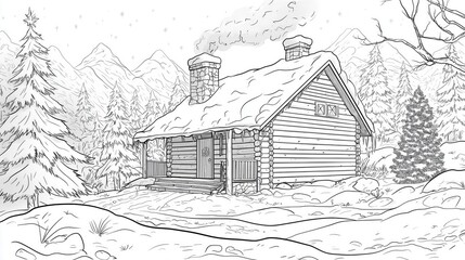 Coloring page of Cozy Log Cabin Scene in Winter Landscape Surrounded by Snowy Pines and Majestic Mountains, Perfect for Coloring and Relaxation Activities for All Ages