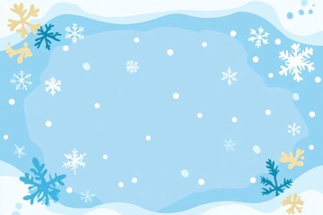 Background of light blue with simple winter snowflakes and snowtree brunches framing the edges, in the style of cartoon.