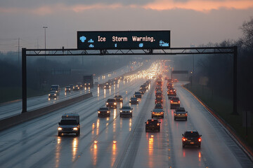 Weather warning. A busy highway under a storm warning, with cars reflecting on wet pavement and a digital sign displaying an ice storm alert in the background.