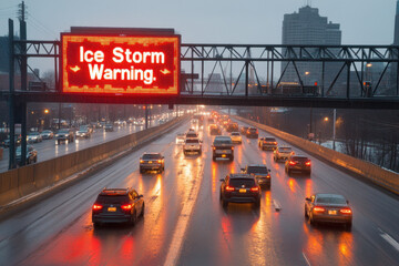 Weather warning. A highway scene showing vehicles navigating under a digital ice storm warning sign during rainy, overcast weather.