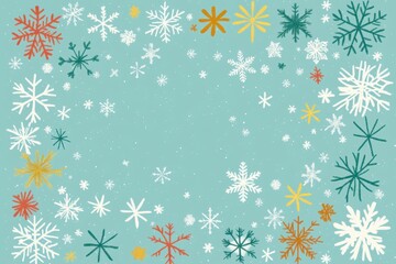 Background of light blue with simple winter snowflakes and snowtree brunches framing the edges, in the style of cartoon.