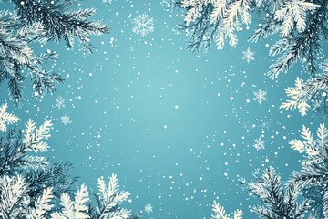 Background of light blue with simple winter snowflakes and snowtree brunches framing the edges, in the style of cartoon.