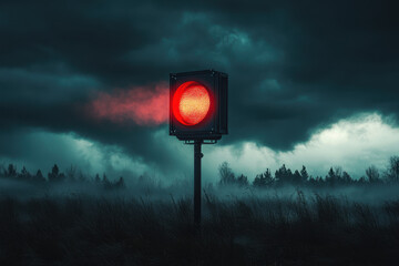 Weather warning. A solitary red traffic light stands against a dark, moody sky, surrounded by mist and trees, creating a dramatic and eerie atmosphere.