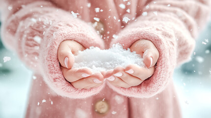 Fototapeta premium A hands catching falling snow in delicate pastel colors