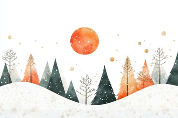 Bohemian minimalist geometric christmas snow landscape of snowy plain with winter sun and new year colors on white background.