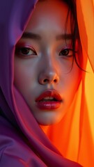 Naklejka premium Close-up portrait of a woman wrapped in vibrant fabrics with striking lighting.