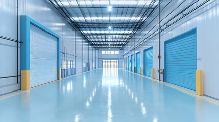 Industrial Warehouse Interior, Spacious Blue Facility with Roll-up Doors