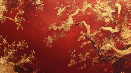 Chinoiserie backdrop with intricate golden branches and floral designs on a rich red background, exuding luxury and elegance.