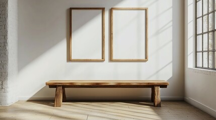 Fototapeta premium Wooden rustic bench near white wall with two frames. Farmhouse, country, boho interior design of modern home entryway, hall.