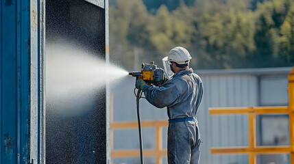Industrial Worker Spray Painting Metal Surface Outdoors,  Protective Gear,  Precise Application,  Efficient Technique