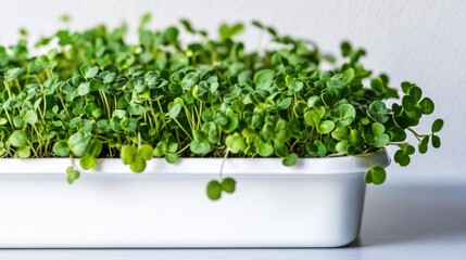 Fototapeta premium Microgreens thriving in a white container, packed with vitamins and nutrients; ideal for healthy meals. Bright colors and textures of microgreens provide great visual appeal and copy space.