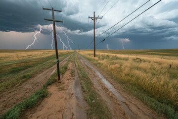 Weather warning. A dramatic landscape featuring a dirt road, power poles, and dark storm clouds illuminated by lightning in the distance.