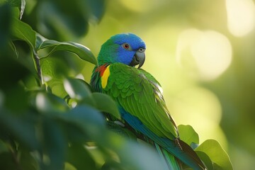 Naklejka premium Vibrant Green Parrot with Blue Head Perched Among Lush Green Leaves in Soft Natural Light - Tropical Wildlife Photography