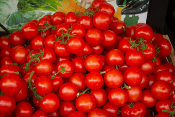 Mini cherry tomatoes on the vine sold at the market