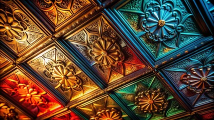 Night Photography of Old Decorative Painted Tin Ceiling Tiles Capturing Intricate Patterns and Textures in Soft Ambient Light for a Vintage Aesthetic