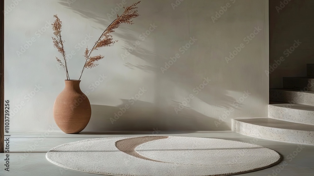 Poster interior design highlights a circle rug complemented by a clay vase and an elegant wall shelf, creat