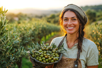 Smiling woman farmer in apron holding freshly picked ripe olives against a backdrop of olive trees at sunset