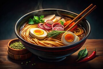 Night Photography of Ramen Noodles in Watercolor Style on a Dark Background, Ideal for Culinary Art and Food Design Projects