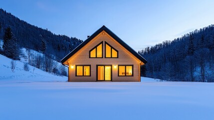 A cozy wooden house illuminated in a snowy landscape during twilight, surrounded by mountains, creating a serene winter atmosphere.