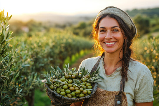 Smiling woman farmer in apron holding freshly picked ripe olives against a backdrop of olive trees at sunset - Powered by Adobe