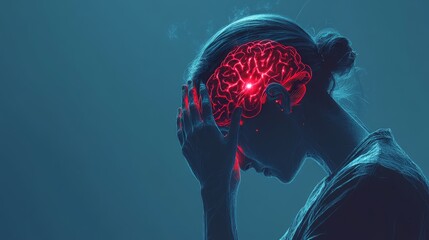Woman experiencing severe headache, brain highlighted.