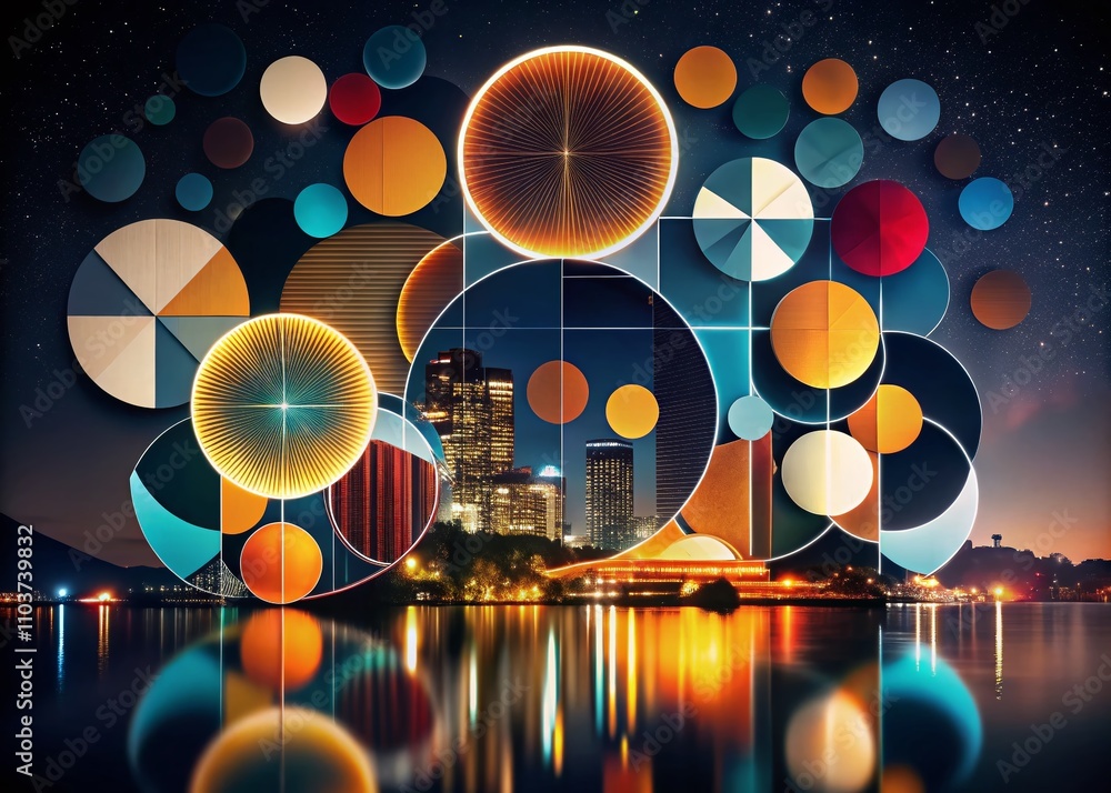 Poster night photography of swiss style geometric poster layout featuring abstract circle shapes and patter