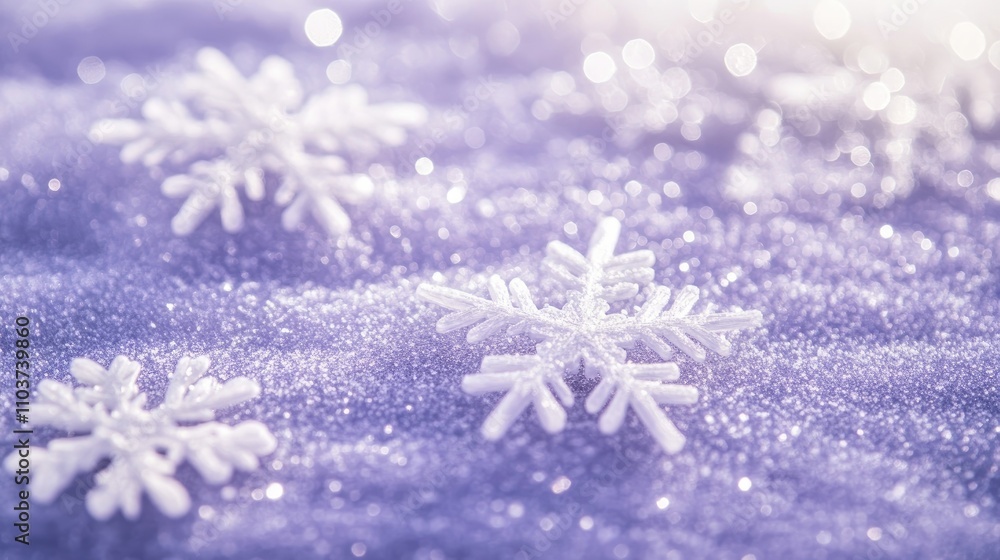 Poster delicate white snowflakes gently descend against a soft violet background, creating a serene winter 