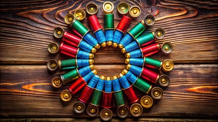 Night Photography of Shotgun Shells Arranged in a Circular Pattern on Rustic Wooden Background, Capturing the Intricacies of Texture and Design in an Artistic Composition