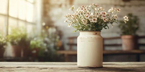 A classic milk can adorned with flowers rests atop a wooden table, showcasing a charming and rustic aesthetic that enhances the overall decor.