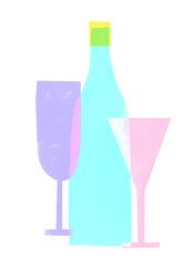 Simple Colorful Vector Print with Botttle of Wine and Cocktail and Wine Glasses. Funny Prints with Bottle and Drinks Hand Drawn on a White Background. Naive Drawing-like Modern Art with Alkohol. 