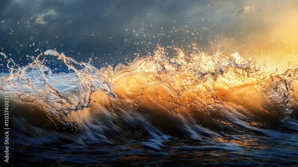 Poster abstract water seascape captured in a striking display of water splashes illuminated by artificial l