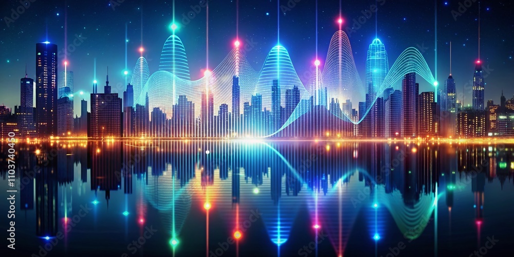 Poster night photography of vibrant waveform patterns representing music playback and audio chat interfaces