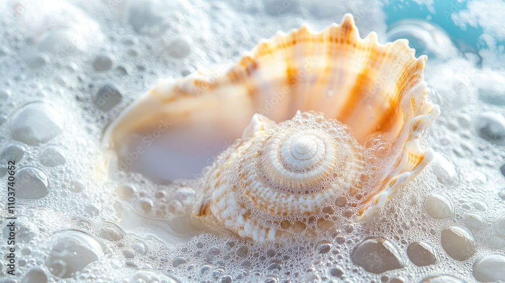 Poster close-up of a beautiful clear seashell surrounded by bubbles nestled in the sand, capturing the intr