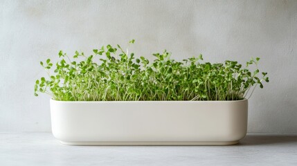 Fototapeta premium Microgreens thriving in a white container, packed with vitamins and nutrients; ideal for healthy meals. Bright colors and textures of microgreens provide great visual appeal and copy space.