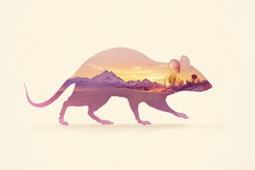 Obraz premium Creative Double Exposure of a Mouse Silhouette with Colorful Mountain Landscape at Sunset - Artistic Nature Concept - Vector Illustration