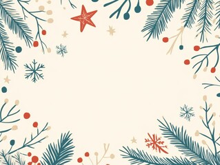 Christmas-themed background with pine branches, stars, and decorations on a white background.