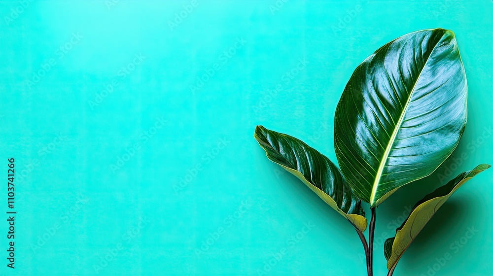 Poster minimal tropical scene with a bold leaf set against a solid cyan background, creating a vibrant and 