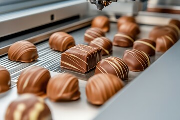 A variety of chocolate confections on a conveyor belt, featuring smooth surfaces and decorative drizzles.