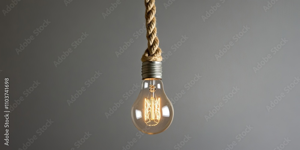 Poster a light bulb suspended by a rope against a gray backdrop. the bulb hangs freely on the gray surface,