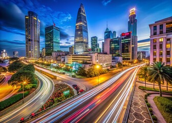 Obraz premium Nighttime Timelapse of Ho Chi Minh City: A Stunning View of the Financial District with Landmark Buildings and Bustling Traffic in Saigon, Vietnam