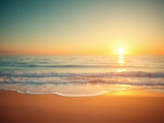 Soft focus on a vast ocean with a sandy beach in the foreground at sunset, vast ocean, oceanic tranquility., sandy beach