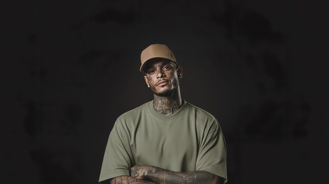 Studio close-up portrait of a man rapper in a beige baseball cap and light olive-green t-shirt with visible neck tattoos, captured with directional lighting against a dark, minimalist background. - Powered by Adobe