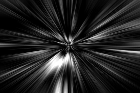 Abstract surface of radial blur zoom in monochrome tones. Gloomy black-white background with radial, diverging, converging lines.	