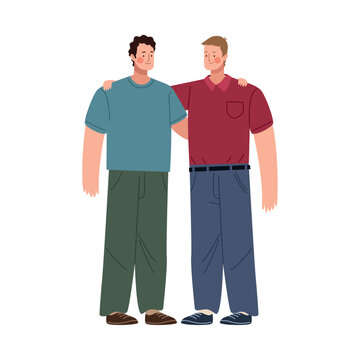 smiling men hugging characters