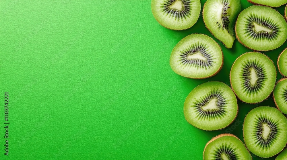 Poster vibrant fresh kiwi fruit halves arranged on an abstract green background captured from a top-down pe
