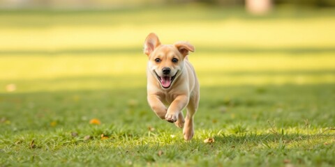 Playful happy pet dog puppy running in a field with a big smile, desktop background, dog running, designer