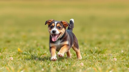 Playful happy pet dog puppy running through a vibrant field, perfect for desktop wallpaper backgrounds and designer projects, wallpaper, desktop, hd