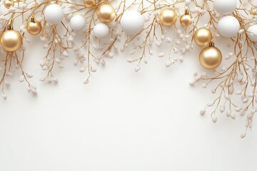 Cute Christmas garland with golden branches and white balls on a beige-colored paper background, minimalist style.