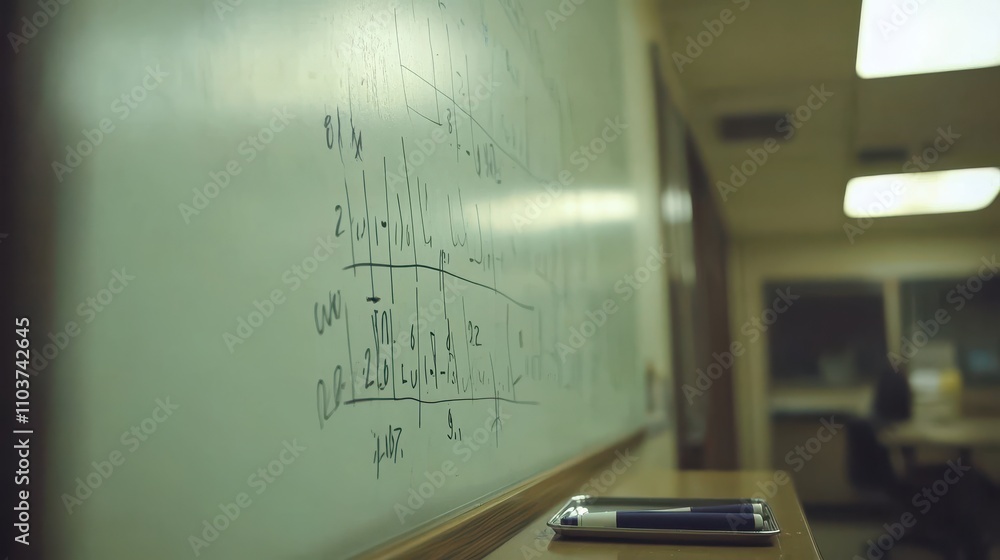 Poster classroom setting with whiteboard graphs and smartphone, depicting academic environment and learning
