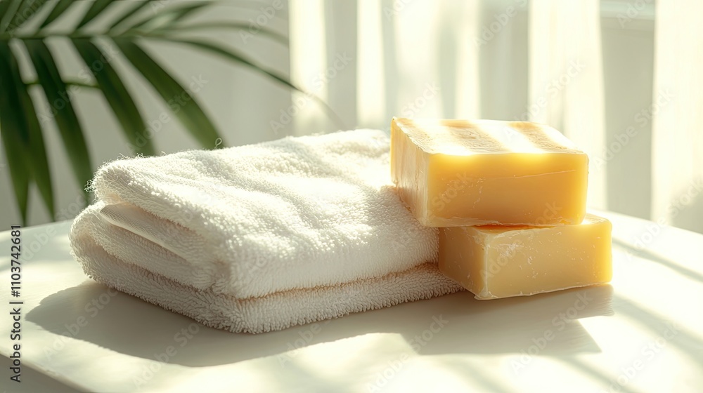 Poster handmade soap and towel arranged on a light background, illuminated by sunlight, creating a fresh an